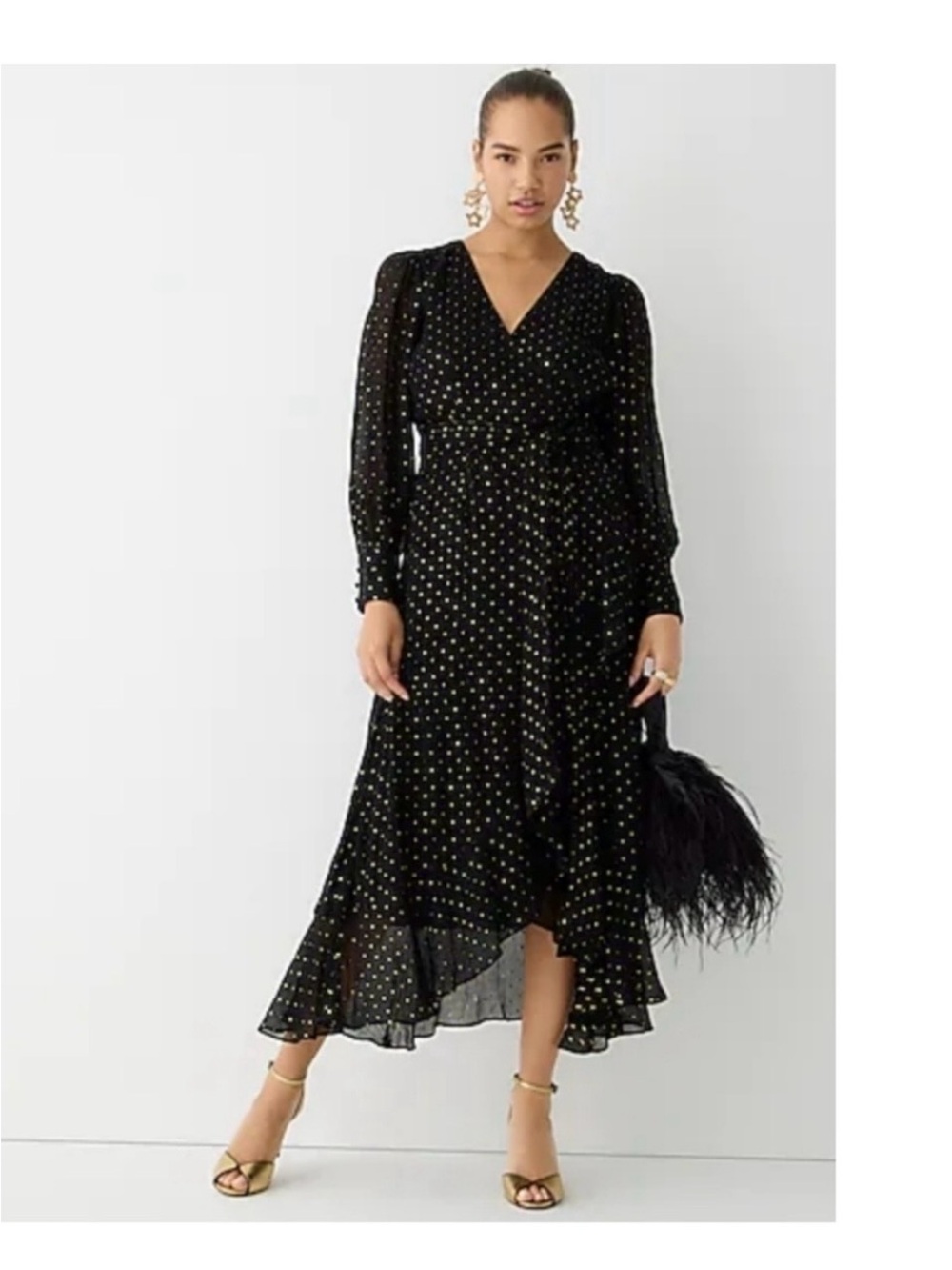 J Crew Women’s Size 2 Gold Polka Dot Black Chiffon Ruffle Dress